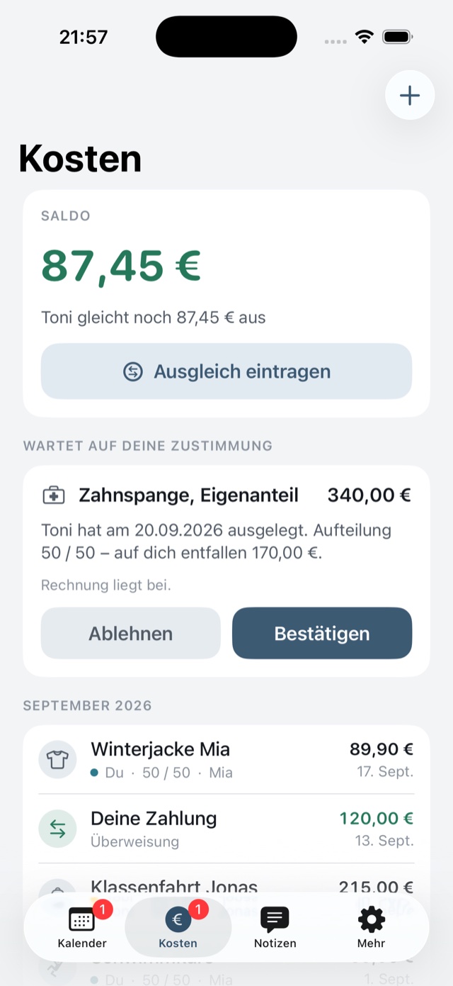 Kostenübersicht: 87,45 Euro Saldo, eine Ausgabe wartet auf Zustimmung
