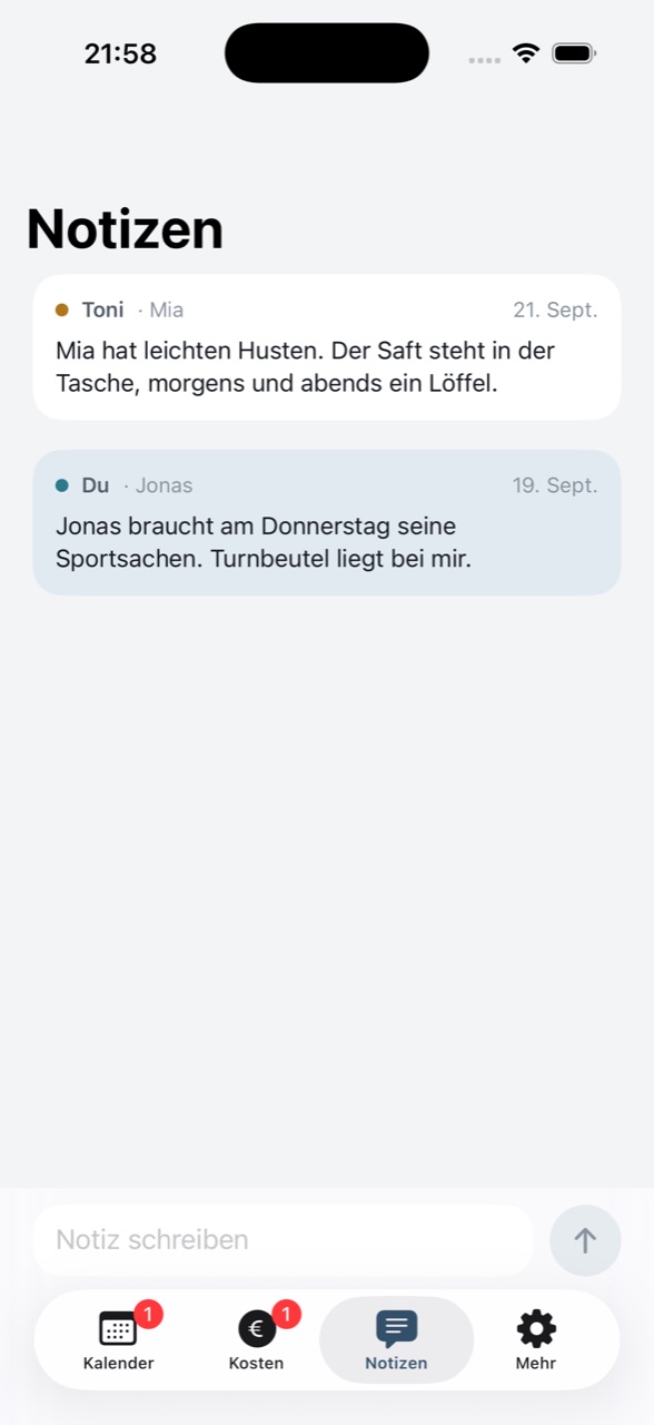 Zwei Übergabe-Notizen, je einem Kind zugeordnet, mit Eingabefeld unten
